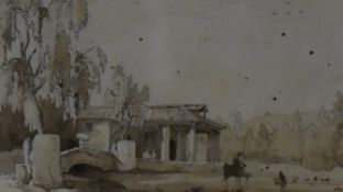 A 19th century pencil and watercolour sketch, a Continental rural dwelling with figures to the