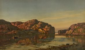 A mid-late 20th century colour print, natural harbour scene with rowing boat, framed and glazed 58cm