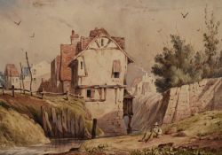 W.E.H (19th century unknown) watercolours, a figure resting beside a waterway and buildings,