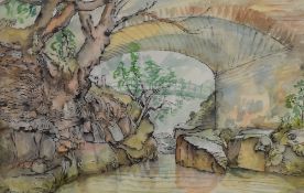 Gordon E Cumming (British 20th century) ink and watercolour wash, entitled 'Bridge and Stream near