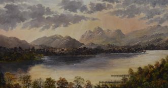 Attributed to Eric Cottam (British 1936-2015) oil on canvas 'Sunset over Windermere' partial