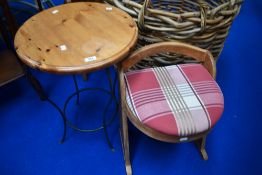 An Art Deco style dressing table stool with later upholstered seat and a modern pine occasional