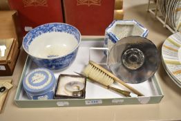 A miscellany of items, comprising; vintage mother of pearl handled rattle, having 'Baby' engraved
