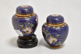 Two modern miniature cloisonné enamel ginger jars, of traditional design one retaining wooden stand