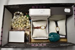 A box of costume jewellery, to include synthetic pearl and other decorative necklaces and two ladies