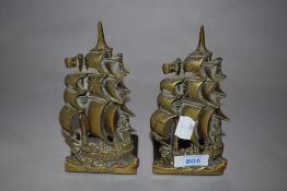 Two vintage brass book ends, of HMS Revenge interest.