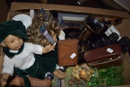 An assortment of items including a stitched leather cigar case, a pair of 10x50 Halina binoculars, a