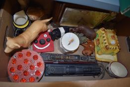 A cottage ware butter dish and cover, Ferranti oak cased mantel clock, various animal figures, and