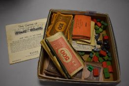 A collection of vintage Monopoly money and pieces.