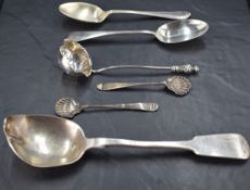 A pair of George III silver condiment spoons, Old English pattern with scalloped bowls, marks for