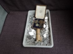 A collection of British National Transport Tokens, 1914 Half Crown, two WW1 Medals to 76995 GNR.H.