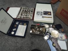 A large box of mixed World Coins including Coin Album with a small amount of Silver, Coin Covers, S