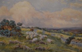 Charles James Adams (British 1859-1931) watercolour, droving sheep within a moorland landscape,
