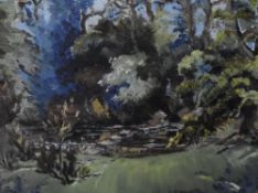 An interesting mid-century oil on board with impasto, depicting stepping stones across a garden