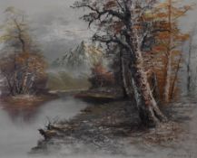 A 20th century oil on canvas, winter woodland scene with river and mountains, nondescript