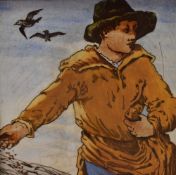 Continental school, a painting on tile, A 19th century peasant worker sowing land with two birds