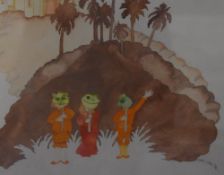 Valerie Anne Pye (contemporary) pencil and watercolour, three masked figures within a stylised