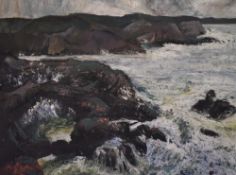 Kenneth Cozens (1920-2000), oil on canvas, A lively coastal scene, depicting waves crashing over