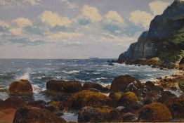 Edgar Longstaffe (British 1852-1933) oil on canvas, coastal scene with figures, liner in the