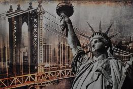 Two contemporary New York canvas prints, depicting Brooklyn Bridge at night and the sights of New