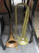 Two vintage horns, one brass the other a copper coaching horn with brass cuff, AF.