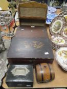 An early 20th century jewellery case with handle, a circa 1930s wooden box in the form of a