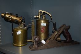 A vintage brass plant sprayer, A blow torch and a Bailey Jack plane.