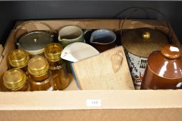 An assorted collection of mixed glass and ceramics, to include four amber coloured glass lidded