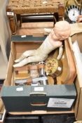 A vintage gentleman's bathroom set sold along with an antique composition and leather doll and