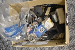 A mixed box of various vintage door parts etc, including window winders, handles, ash trays etc.