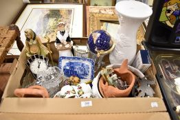 A miscellaneous selection of items including cut glassware decorated with wooden eggs, planter on