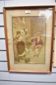 An early 20th century hand-tinted print, depicting a playful exchange between a seated gentleman and
