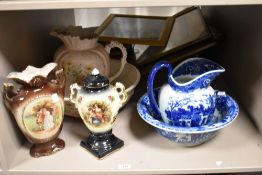 Two dressing table water bowl and jugs, a mock lidded vase and similar oval vase.