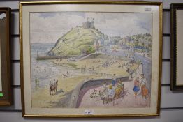 RCD Lowry (British, 1924-2011), watercolour, A busy beach scene with castle to the background,