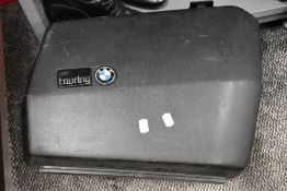 A near side BMW motorcycle pannier, with key.