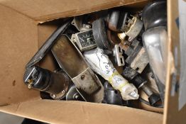 A miscellaneous box of vintage car parts, including pair of chrome over riders (possibly Mini or
