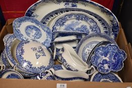 A large selection of blue and white ware including wash bowl and jug, Spode Italian fluted tray