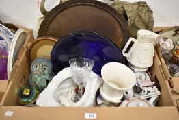 A white carp dish by Royal China works Worcester, a blue glass footed cake stand, two Mark's and