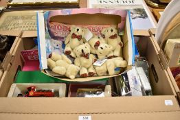 Two cartons of diecast toys most in boxes (damaged) and six small teddies.