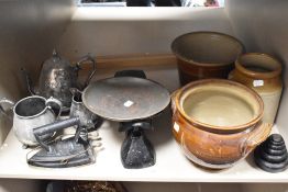 Two stoneware glazed cooking pot, a set of cast iron and enamelled scales with weights, silver