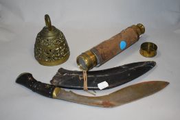 A 1940s knife, incised to back with Raipur, Pradesh 1942, with leather scabbard, a brass