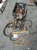 A box of Military Belts and Straps along with a pair of Spairs and three Powder Flasks