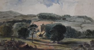 An early 20th century watercolour sketch, rural church scene, mounted and initialled A.E in pencil