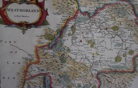 After Robert Morden (1650-1703), a hand coloured map of Westmorland, the title displayed in a