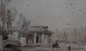 A 19th century pencil and watercolour sketch, a Continental rural dwelling with figures to the