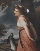 After George Romney (1734-1802), mezzotint engraving, 'Lady Hamilton with a dog', signed to the