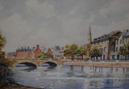 Cyril Pilgrim (British 1920-2013) watercolours, river scene with bridge, Swan Hotel and church