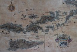 After J.Longacre (20th Century), poster print, an artistic map of Virgin Islands, framed, mounted,