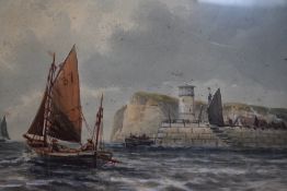 M. Goodman (19th/20th Century, British), watercolour and gouache, Fishing boats sailing by a harbour