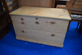 A large reclaimed pine kist, of plain planked rectangular form with hinged cover 76cm x 126cm x